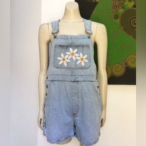 Vintage Blue Denim Overalls With Embroidery